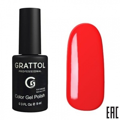 Цветной гель-лак для ногтей красный Grattol №030 Bright Red, 9 мл